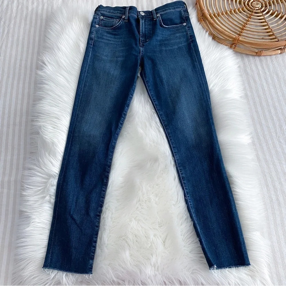 Agolde Sophie Skinny Jeans Raw Hem Distressed Dark Blue Fading Cut off 26 - Picture 4 of 13